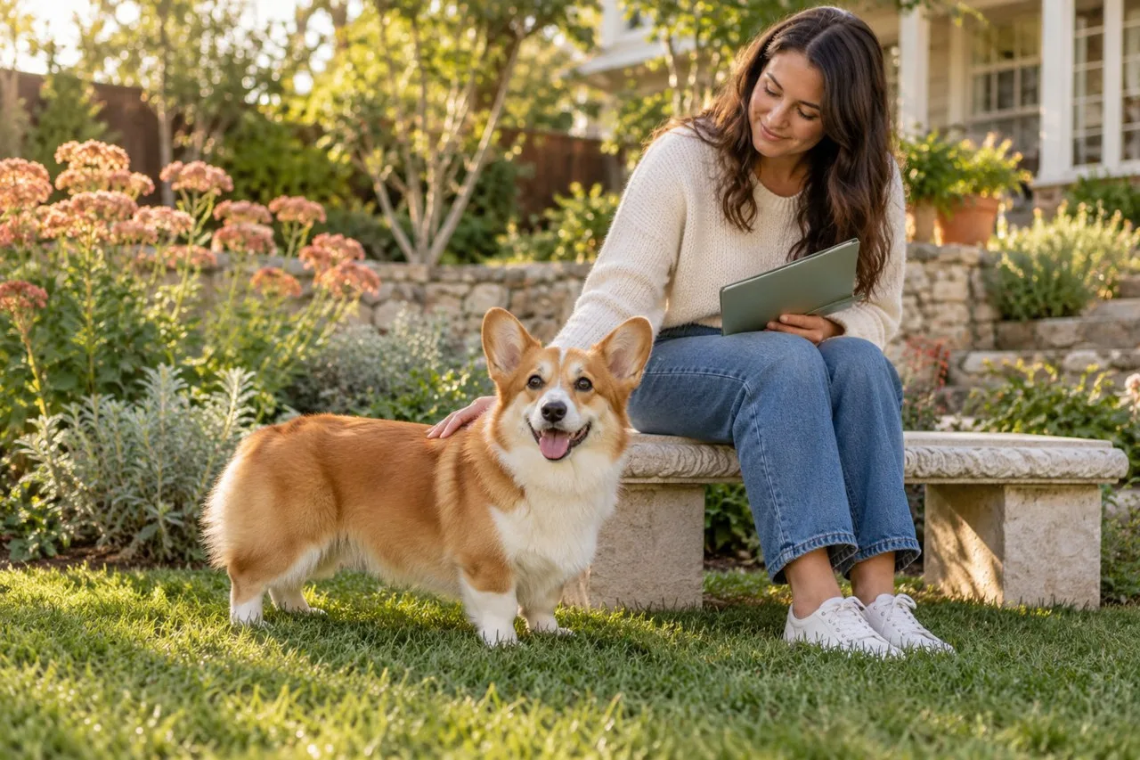Red-and-white dog standing beside its owner at a garden bench